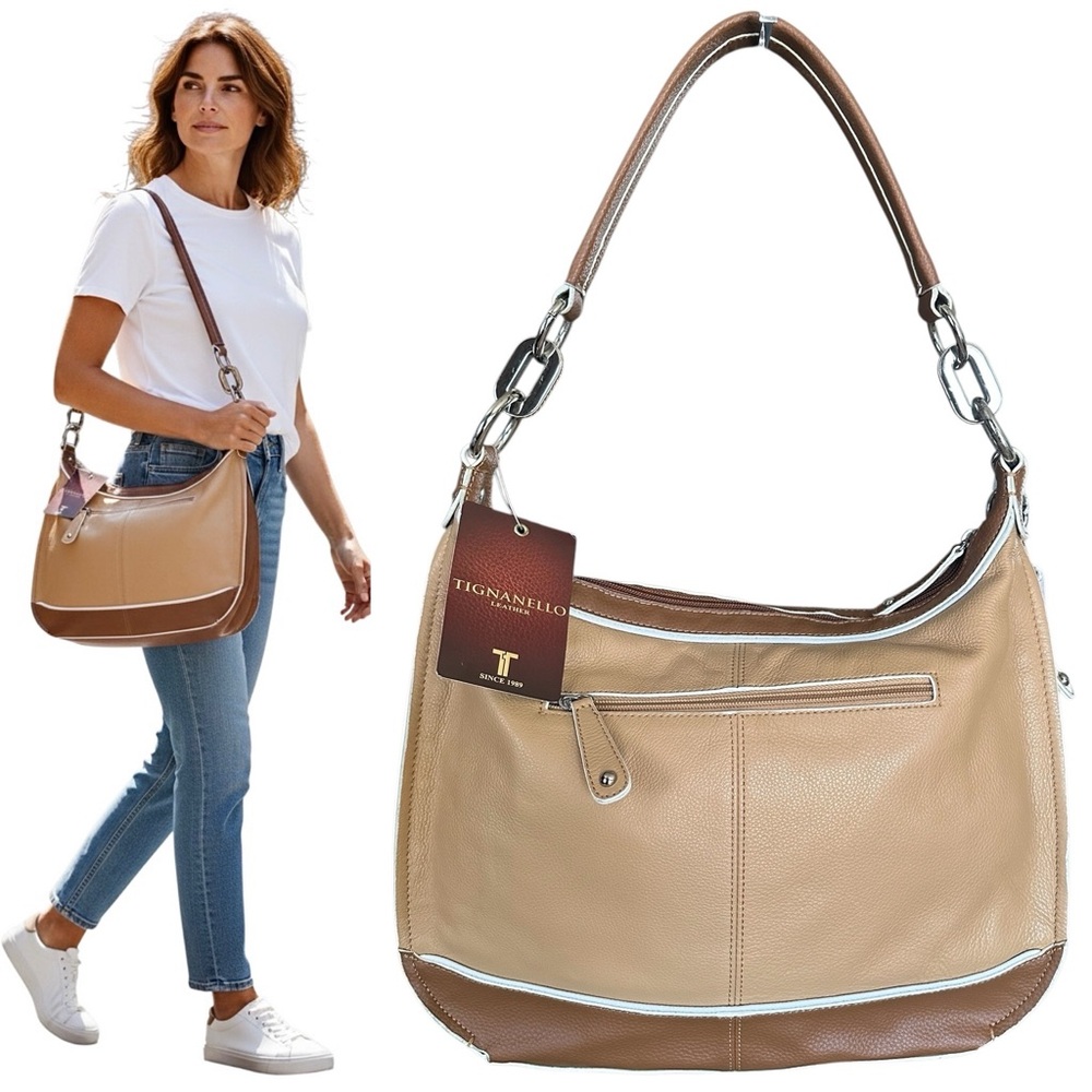 Tignanello Two-Tone Tan & Brown Leather Shoulder Bag White Ribbed Details New!